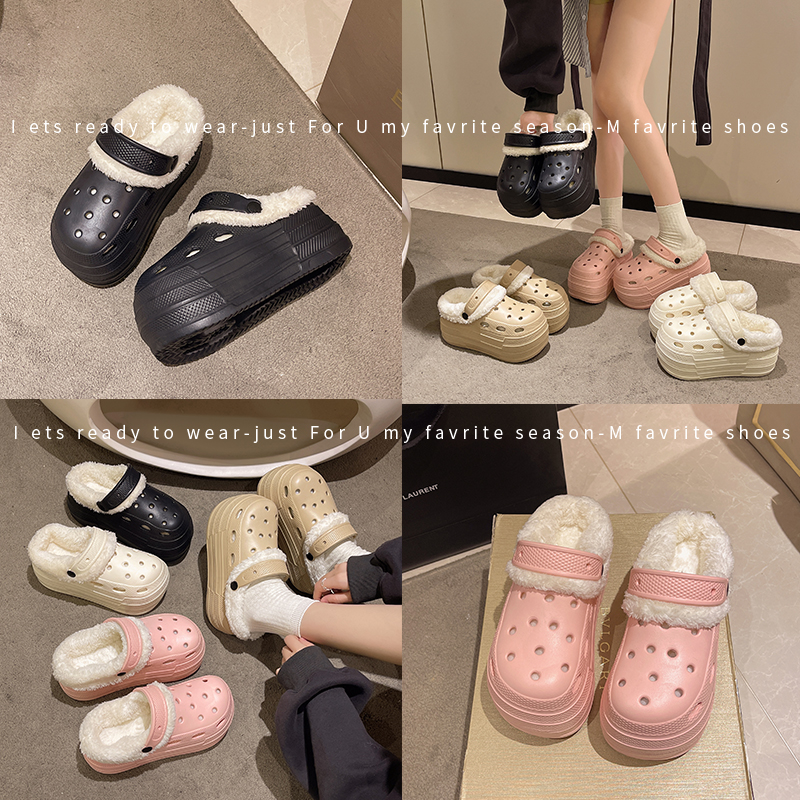 婚鞋新娘鞋冬季加绒8cm洞洞鞋主婚纱神器结婚小个子增高包头鞋女