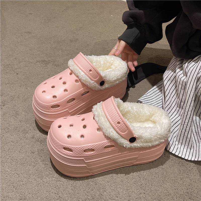 婚鞋新娘鞋冬季加绒8cm洞洞鞋主婚纱神器结婚小个子增高包头鞋女