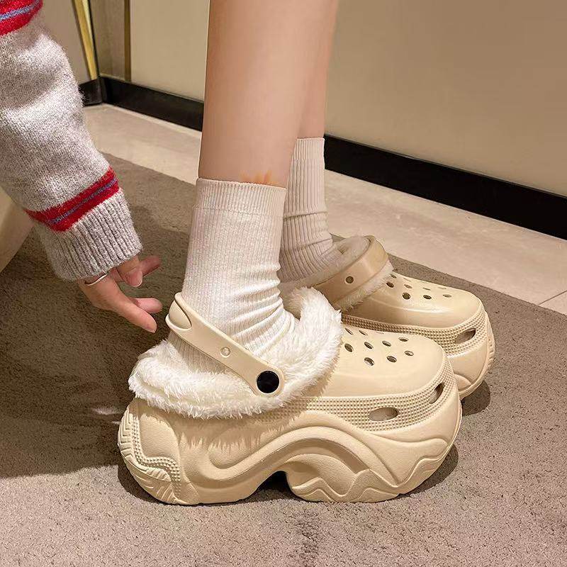 高跟9CM加棉外穿洞洞鞋女棉拖鞋女秋冬季加绒保暖室内外毛毛拖鞋,居家布艺,居家棉拖/棉鞋,淘宝优惠券,粉丝福利购,淘宝优惠卷