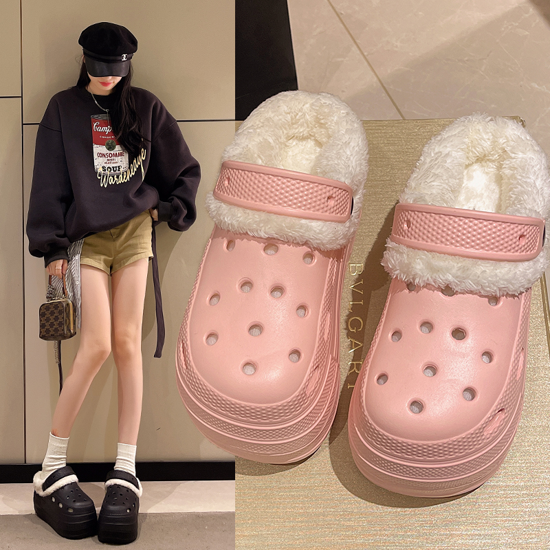 婚鞋新娘鞋冬季加绒8cm洞洞鞋主婚纱神器结婚小个子增高包头鞋女