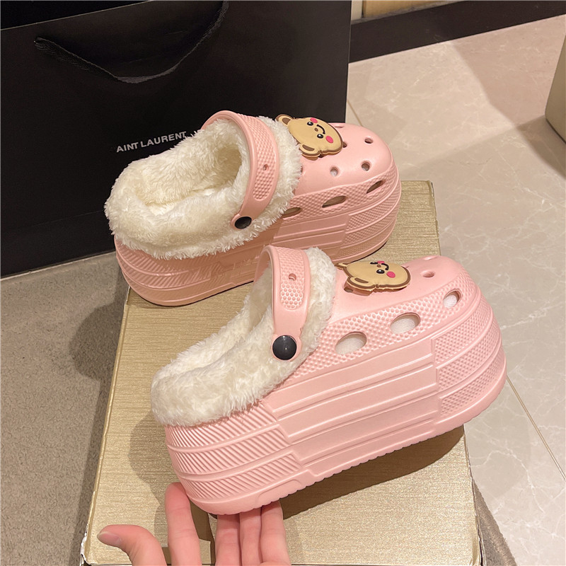 婚纱照穿小个子增高半包棉拖鞋懒人毛毛鞋女外穿加厚加棉洞洞鞋女