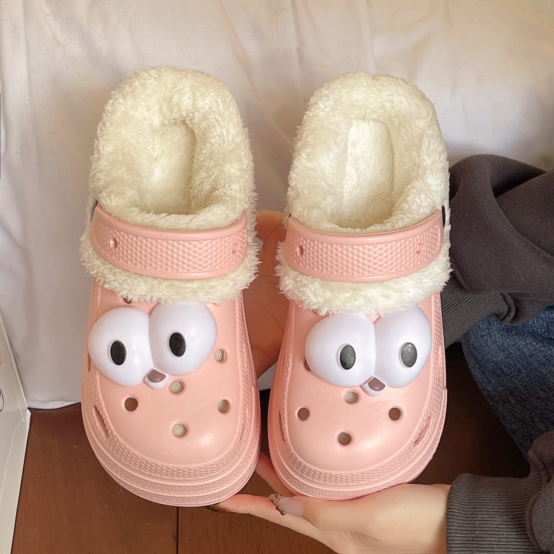 秋冬季高跟厚底加棉加绒9cm洞洞鞋女小个子增高医用包头棉拖鞋女