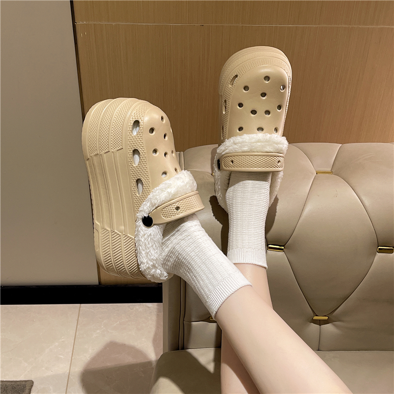 秋冬季高跟厚底加棉加绒8cm洞洞鞋女小个子增高医用上班包头鞋女