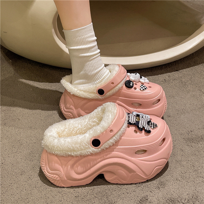 高跟10cm加绒洞洞鞋女外穿秋冬季厚底增高保暖防滑包头毛毛棉拖鞋