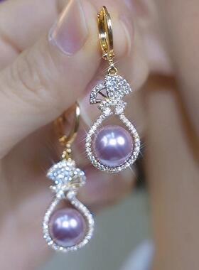 紫色珍珠微镶钱袋耳环女法式高级感时尚百搭耳扣轻奢气质福袋耳饰