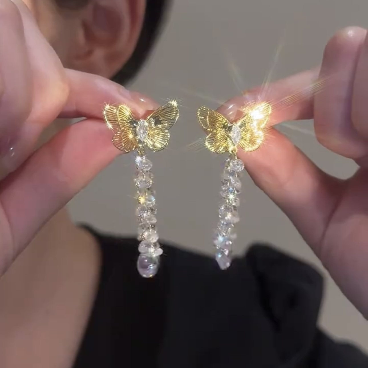 超仙金色镂空蝴蝶水晶流苏耳环女