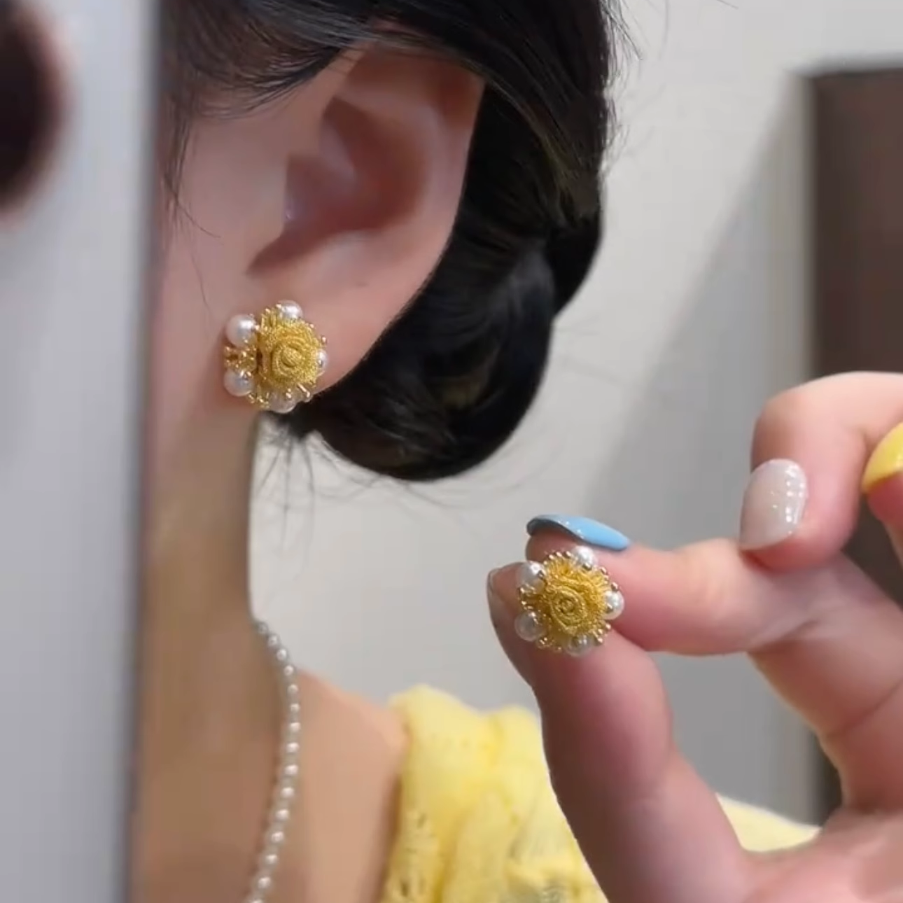 925银针珍珠玫瑰花耳钉精致耳环