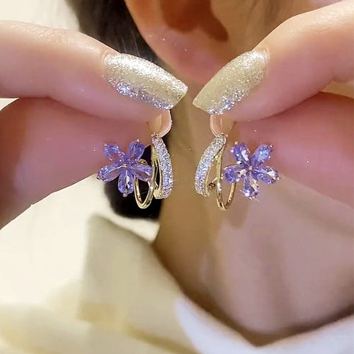 超仙紫色锆石花朵耳环女2024新款