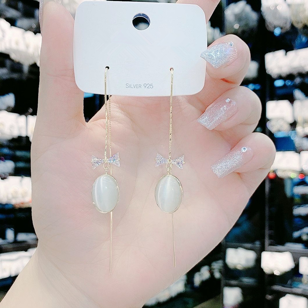 猫眼石水滴流苏耳线女蝴蝶结锆石