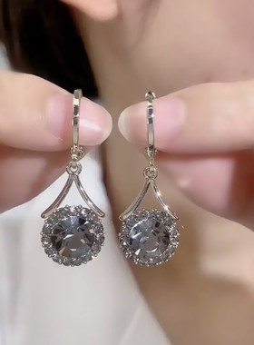 复古灰色水晶圆形耳环女高级感时尚百搭耳扣气质轻奢百搭港风耳饰