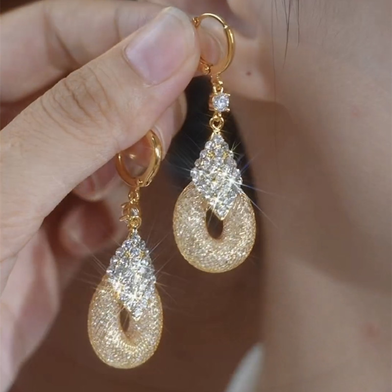轻奢金丝网纱满钻菱形水滴耳环女