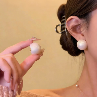 小众设计感馒头半圆大珍珠耳钉女高级感气质耳环925银针百搭耳饰