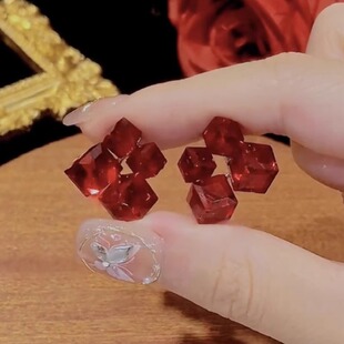 新年红色立体方块水晶耳钉女925银针耳环轻奢高级感时尚百搭耳饰