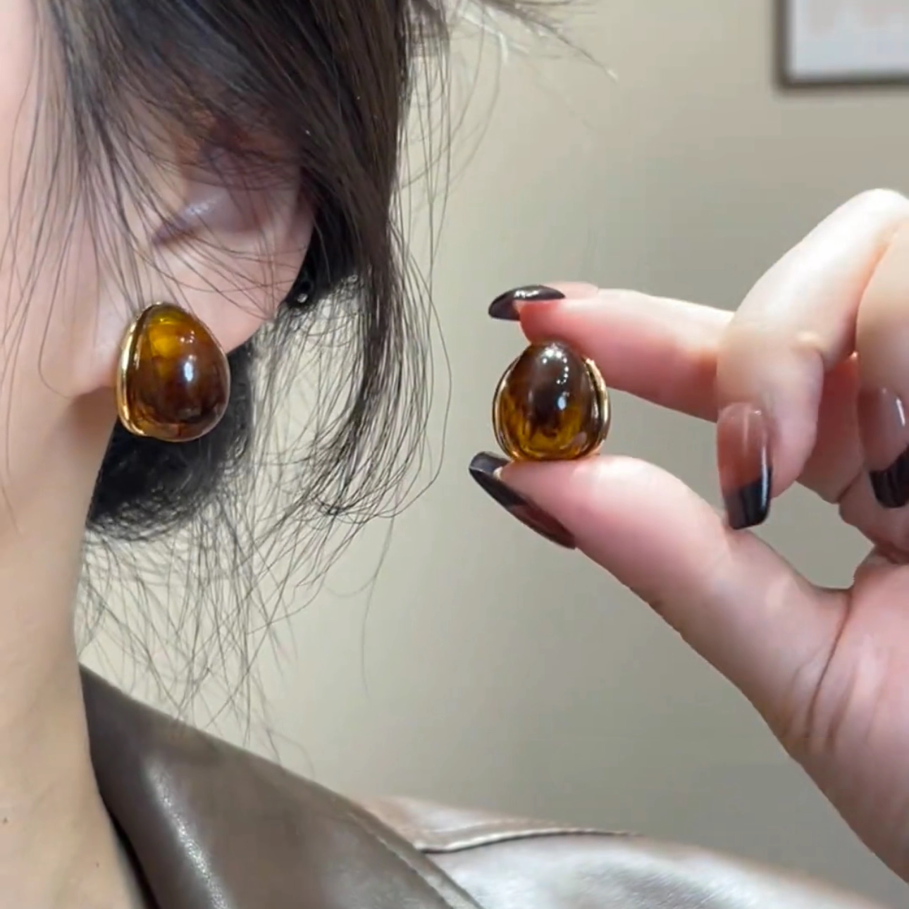 复古琥珀咖色水滴耳环港风耳饰女