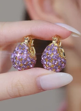超闪紫色满钻提篮耳扣网红轻奢复古港风百搭耳环气质时尚精致耳饰