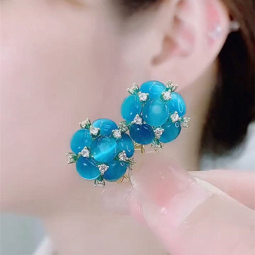 时尚蓝色猫眼石花朵耳环银针耳钉