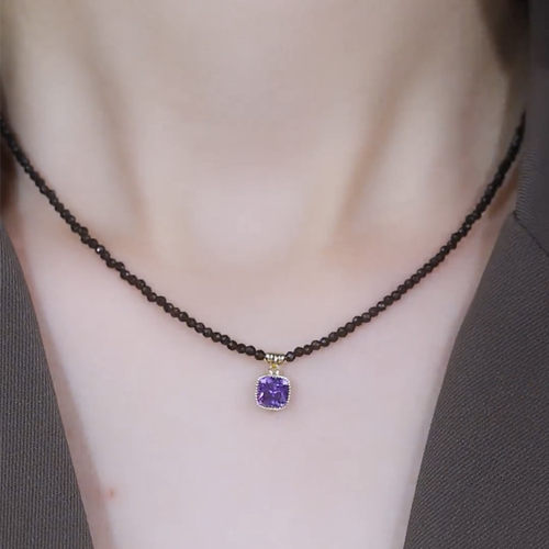 黑色珠子方糖紫水晶项链锁骨链女