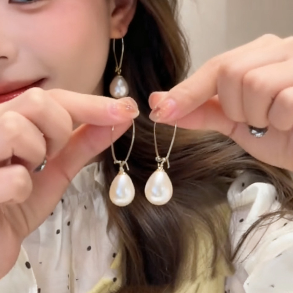 韩版长款水滴珍珠u形耳扣法式女