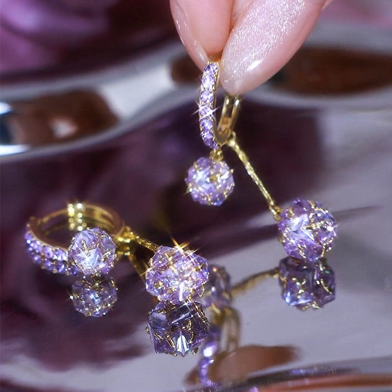 轻奢高级感紫色锆石球球流苏耳环气质精致满钻耳扣时尚显脸瘦耳饰