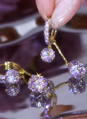 轻奢高级感紫色锆石球球流苏耳环气质精致满钻耳扣时尚显脸瘦耳饰