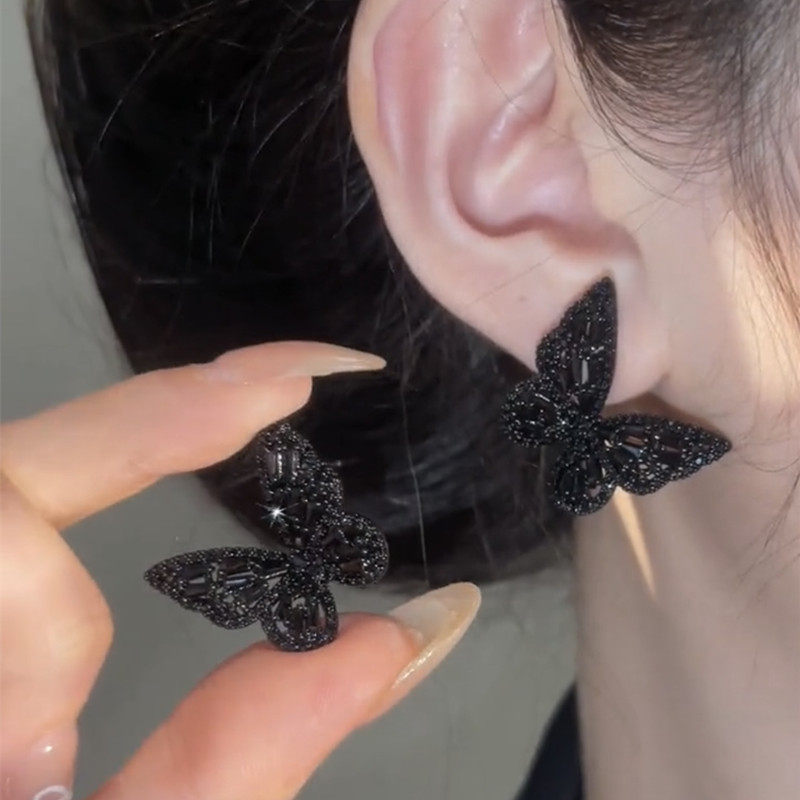 小众个性黑色水晶蝴蝶耳环925银针韩国气质夸张耳钉轻奢网红耳饰,饰品/流行首饰/时尚饰品新,耳钉,淘宝优惠券,粉丝福利购,淘宝优惠卷
