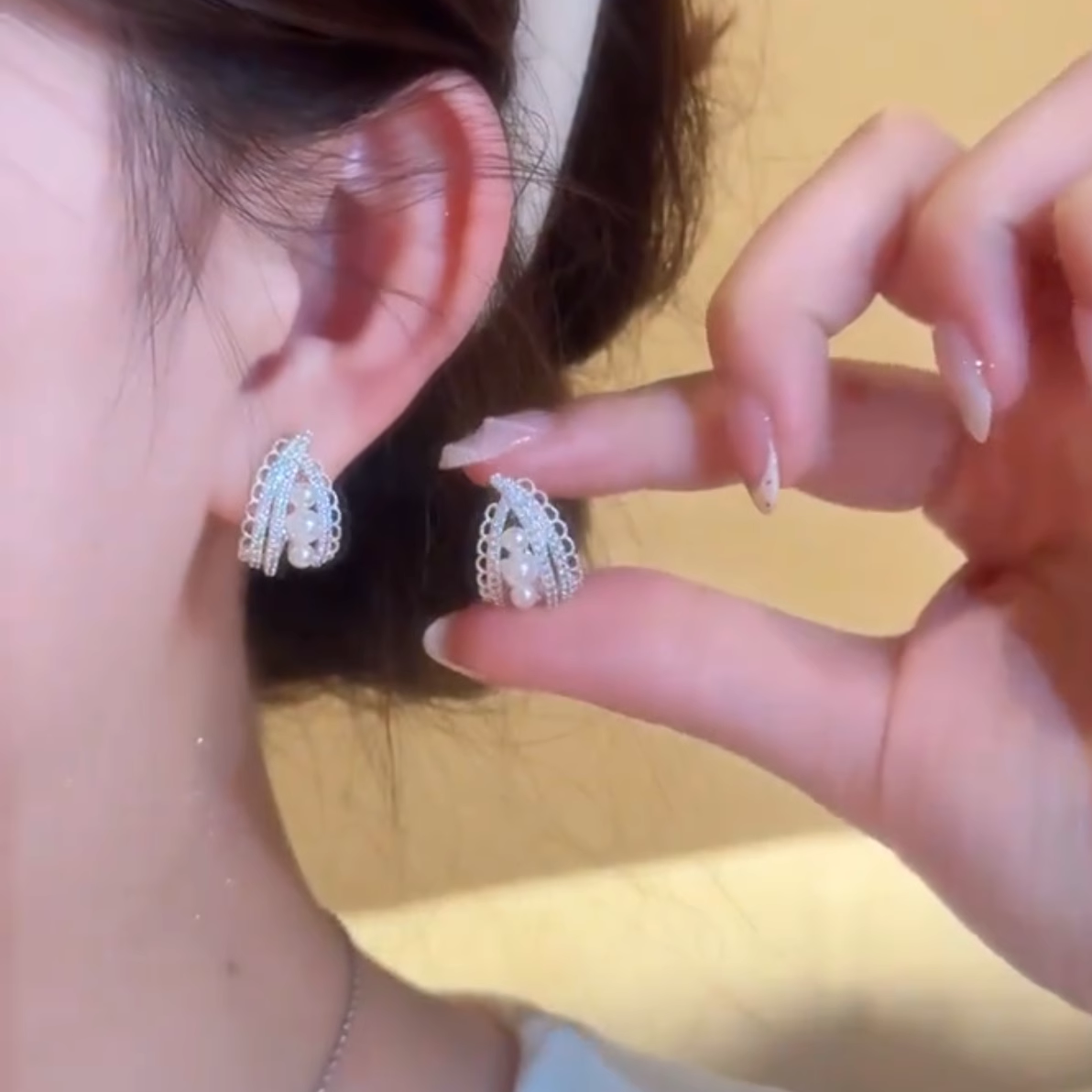 925银针法式蕾丝花边珍珠耳环女