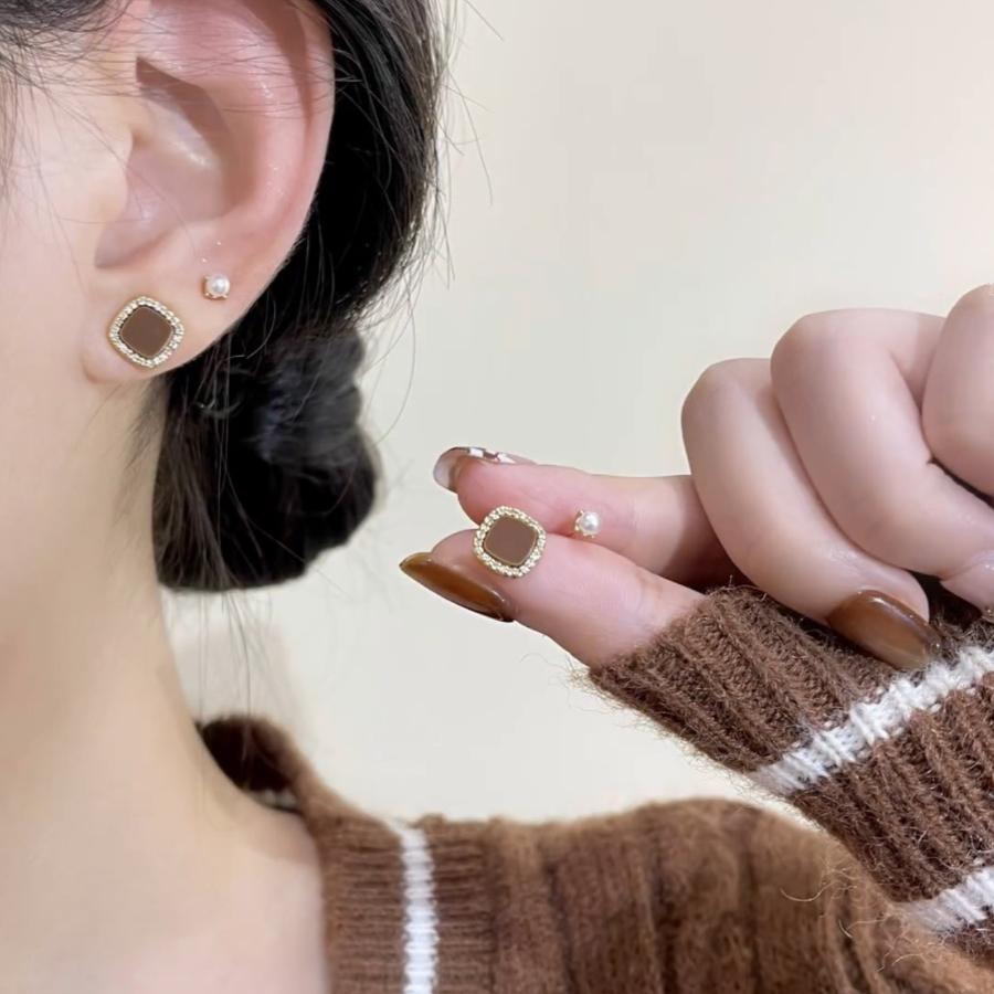 美拉德咖色方形珍珠四件套耳钉