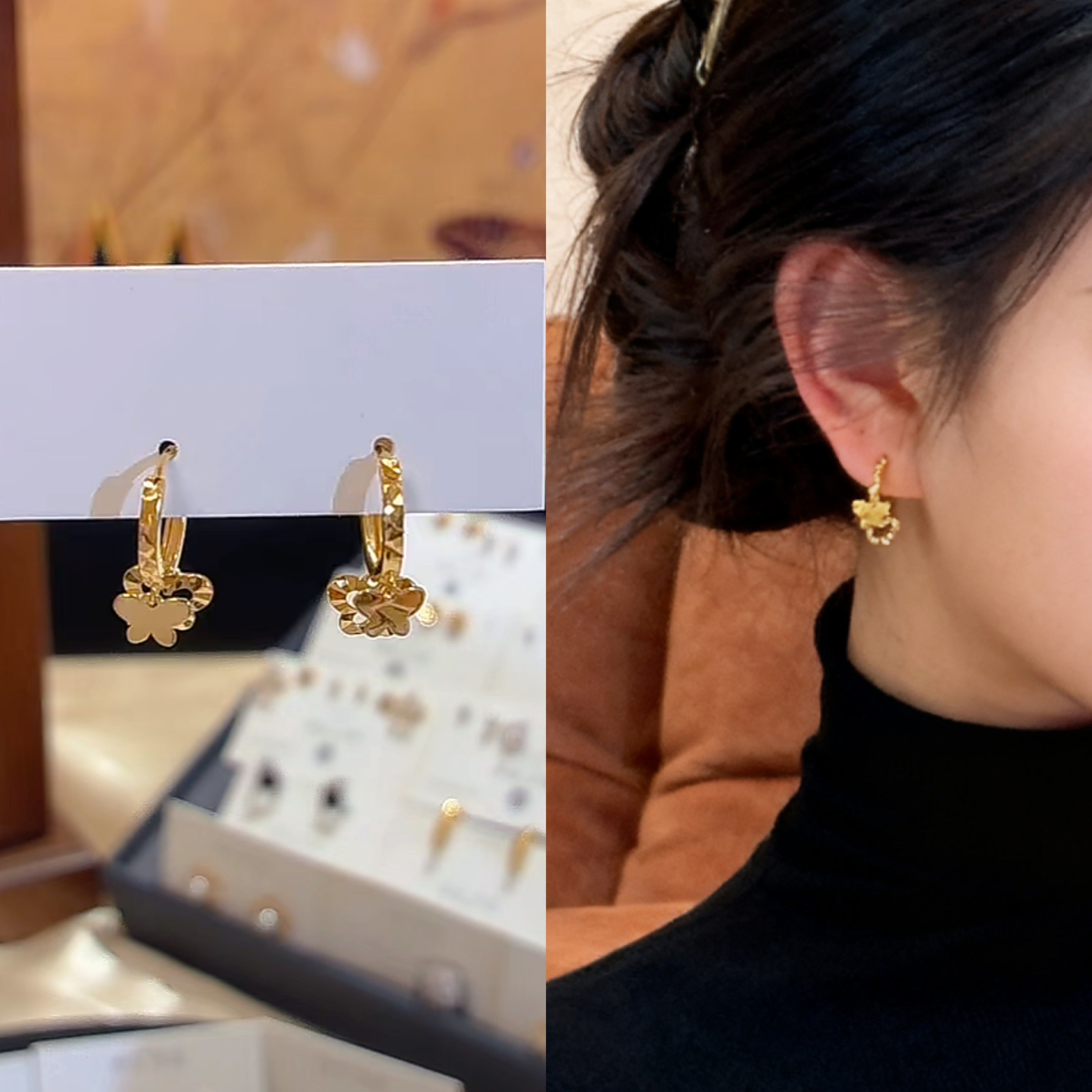 925银针法式轻奢金色蝴蝶耳扣女