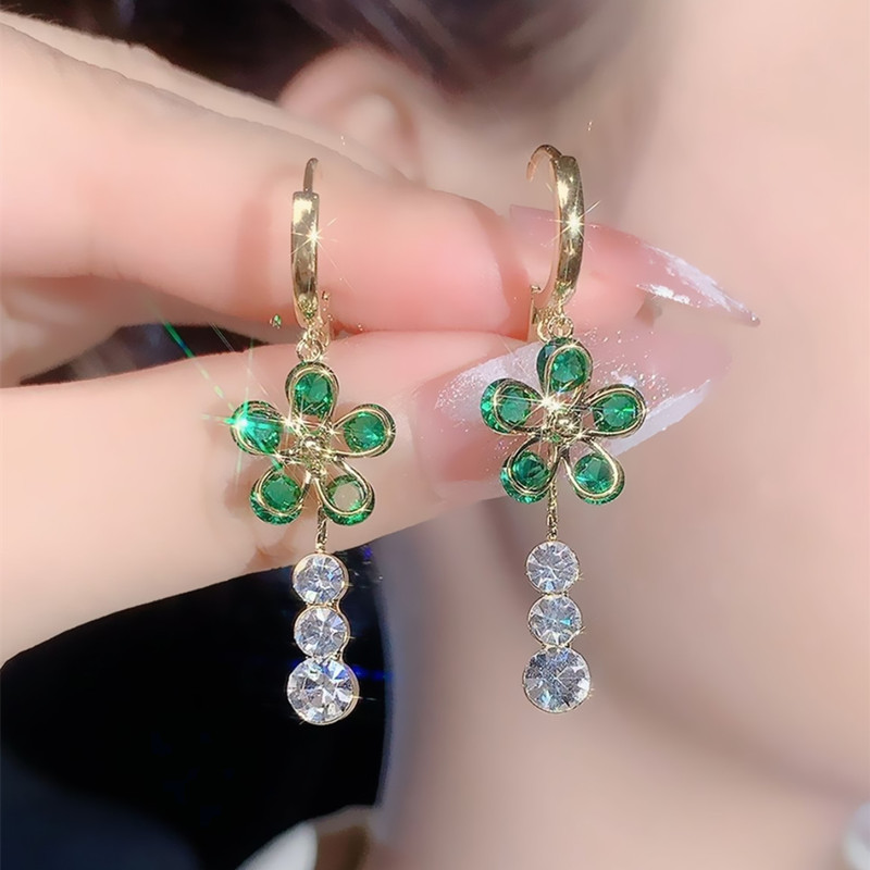 绿色水晶花朵锆石耳环女气质耳扣