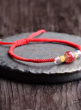 天然鸽血红草莓晶圆珠红绳命 搭配天然密蜡盘珠灰月光圆珠