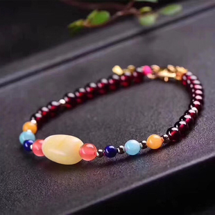 正品石榴石手链 天然水晶多宝手链 酒红色石榴石延长链蜜蜡手链