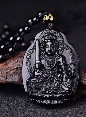 天然黑曜石文殊菩萨生肖兔吊坠