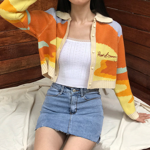 beran可爱少女落日翻领针织开衫