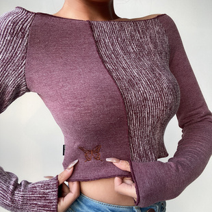 BERAN 早春性感一字领修身高腰短款可爱蝴蝶刺绣拼色长袖T恤上衣