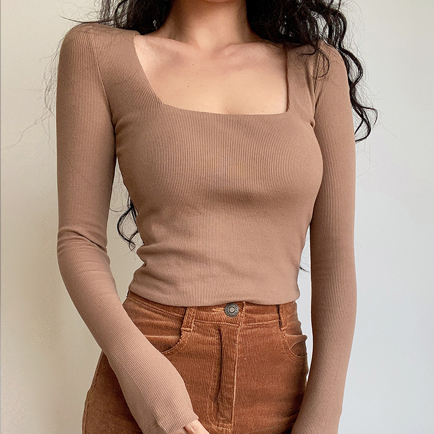 欧美风方领弹力修身长袖T恤上衣