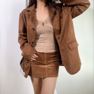 外套 复古棕色翻领气质百搭纯色口袋纽扣仿麂皮绒西装 BERAN 法式