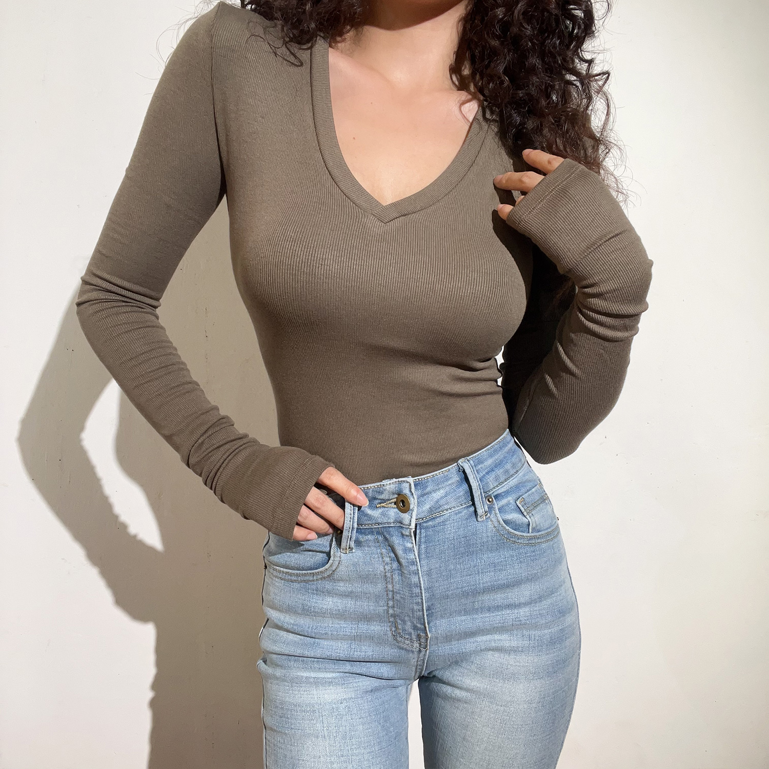 BERAN 欧美性感V领辣妹长袖T恤女纯色弹力修身连体内搭打底衫上衣