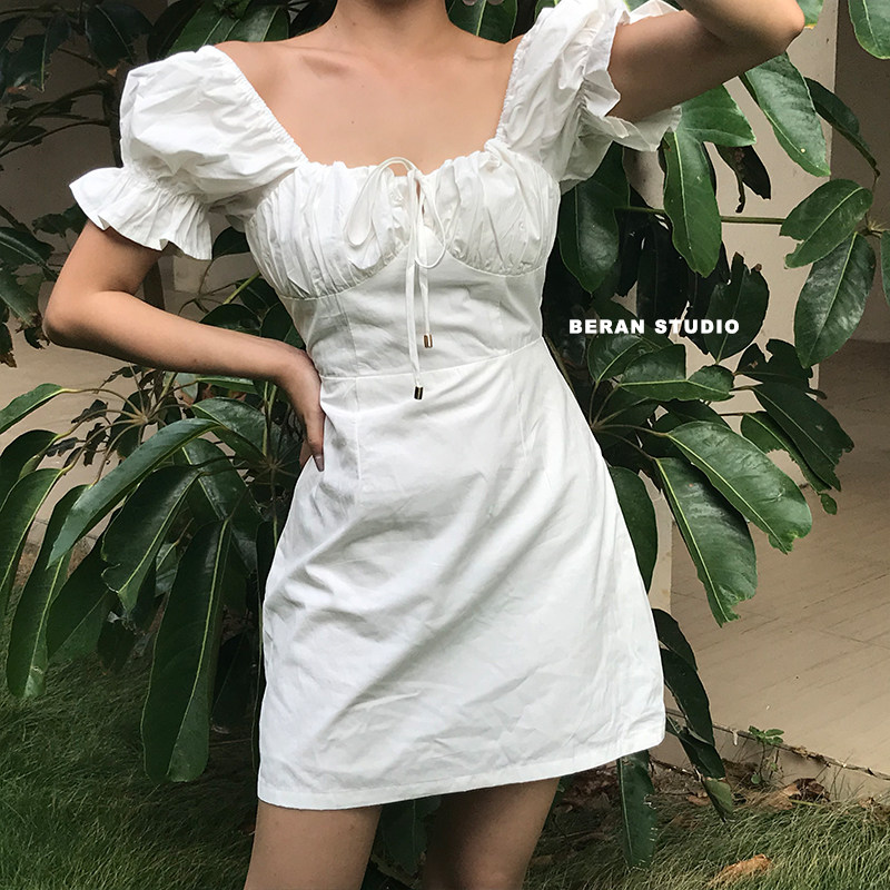 短袖连衣裙beran复古法式方领