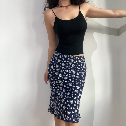 BERAN 夏季法式复古田园碎花高腰波浪边中高腰鱼尾中长碎花半身裙