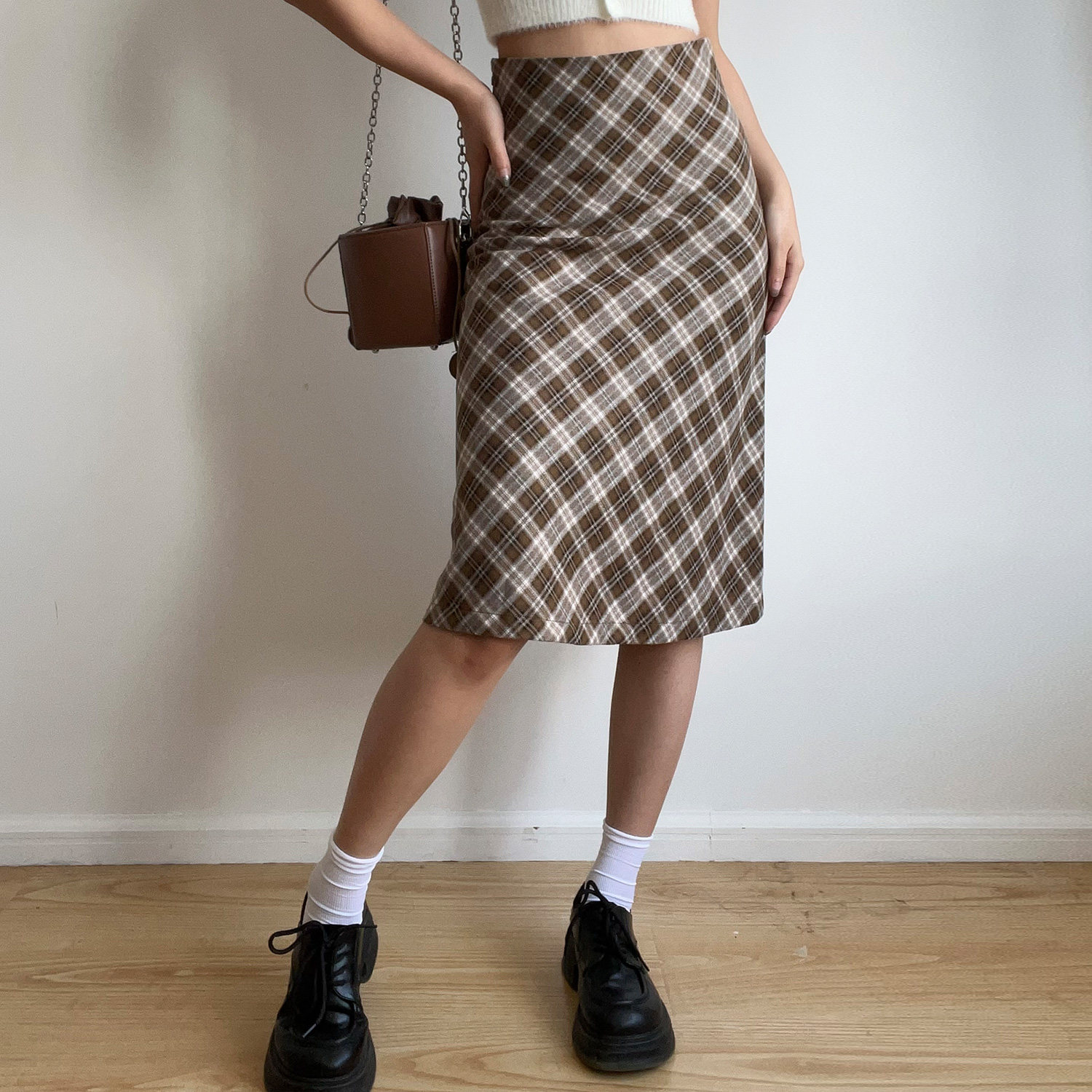 复古可爱少女格子长款A字半身裙