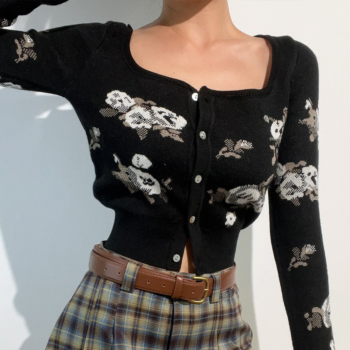 BERAN 法式复古圆领甜美印花高腰短款收腰显瘦长袖针织衫开衫上衣