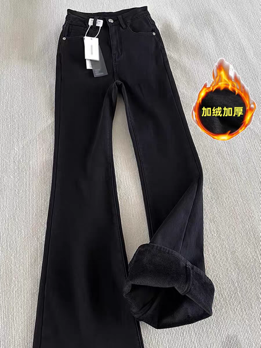 美式vibe裤子男款秋冬高街黑色直筒牛仔裤加绒显瘦柳叶弯刀微喇裤