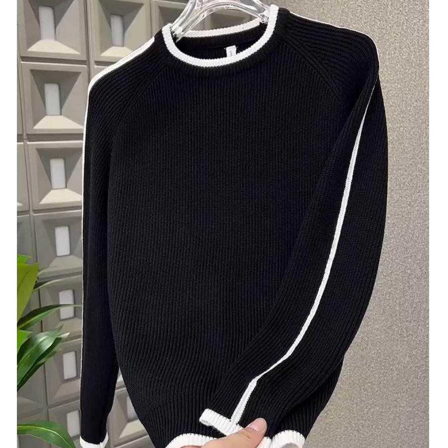 男士流行百搭撞色拼接针织毛衣秋冬季高级感圆领长袖休闲纯色线衣