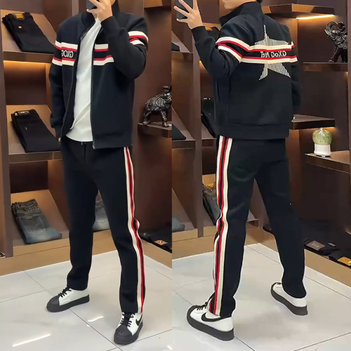 休闲运动套装男士春秋潮牌情侣款彩条织带开衫卫衣直筒长裤两件套