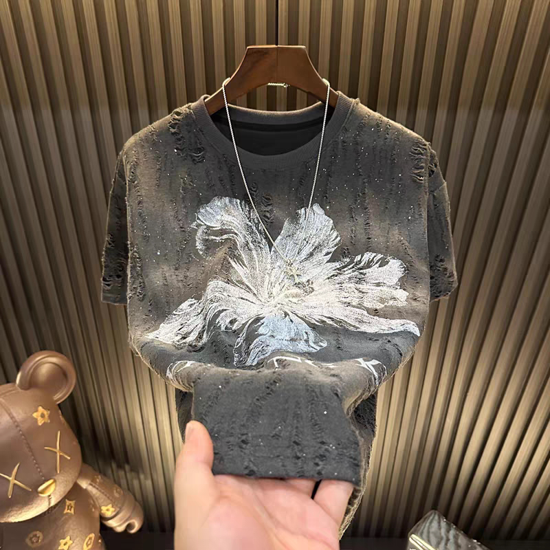 夏季新款男士短袖T恤品质轻奢破洞设计感潮流时尚男女同款半袖潮