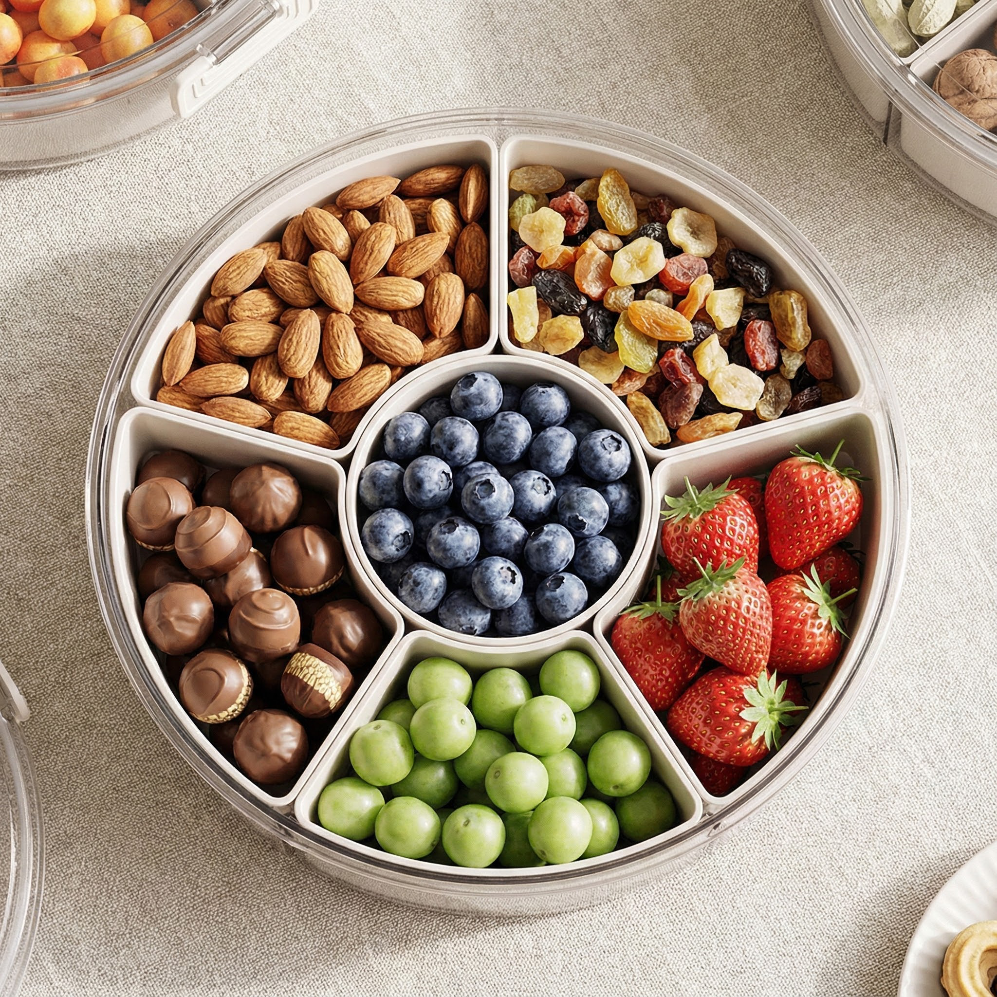 旋转水果盘六分格家用带提手密封