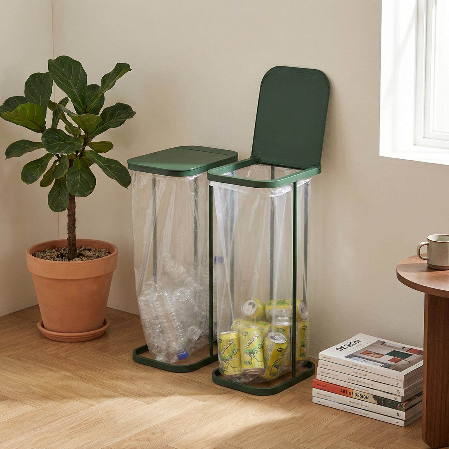 日系潮流家用干湿分类垃圾架大号翻盖垃圾桶金属垃圾袋收纳