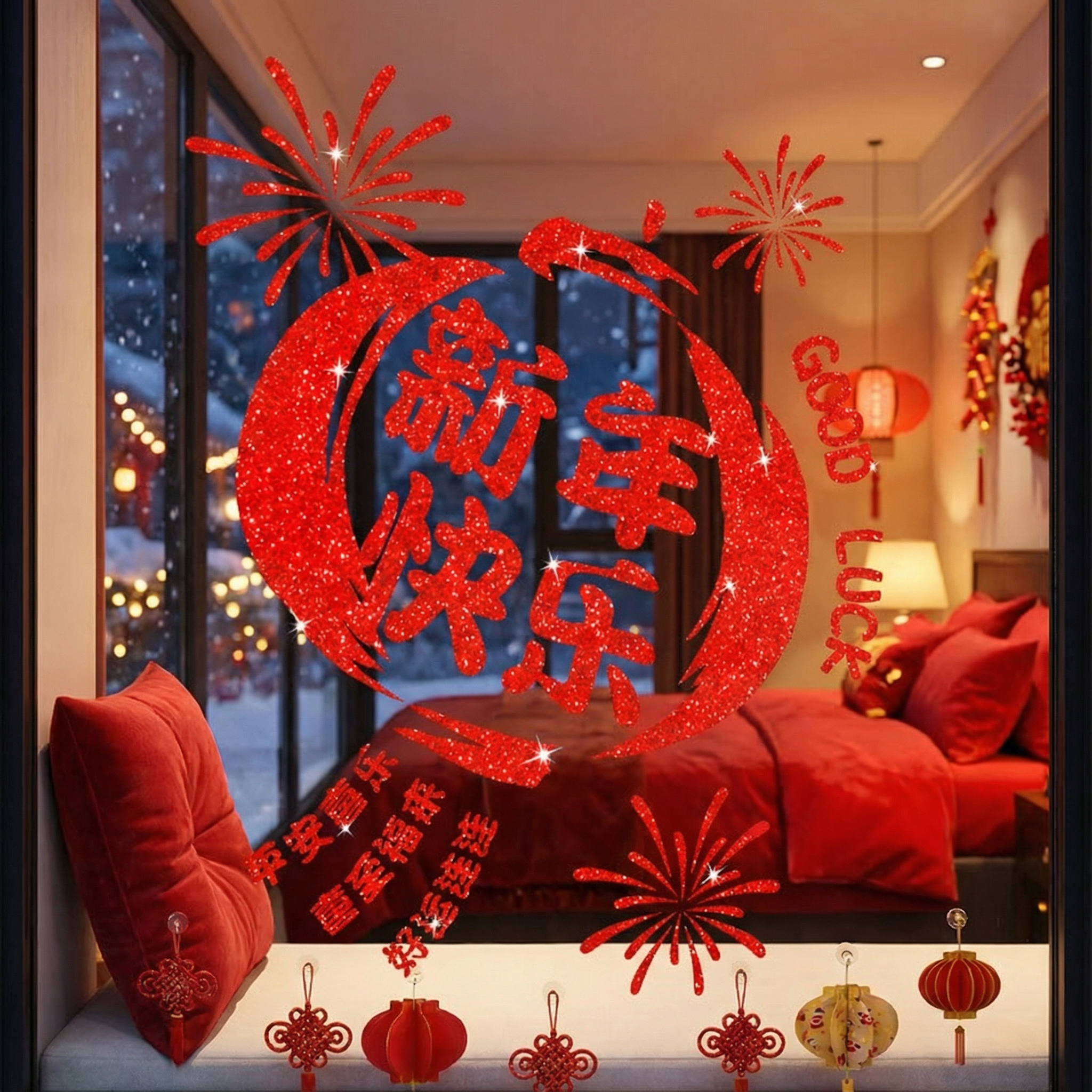 红色灯笼闪粉静电窗花商场橱窗场景节日布置新年快乐玻璃门贴PVC,节庆用品/礼品,灯笼材料包,淘宝优惠券,粉丝福利购,淘宝优惠卷