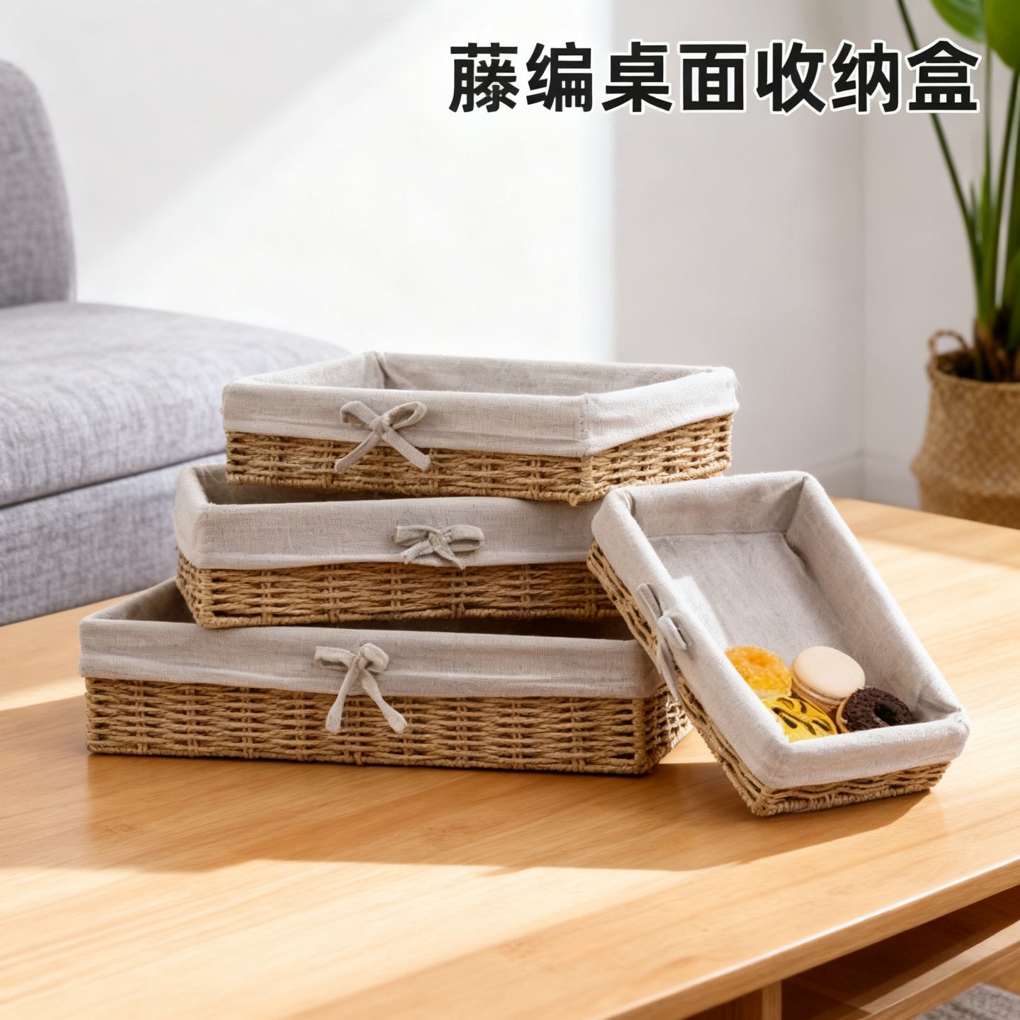 桌面杂物收纳盒藤编织化妆品