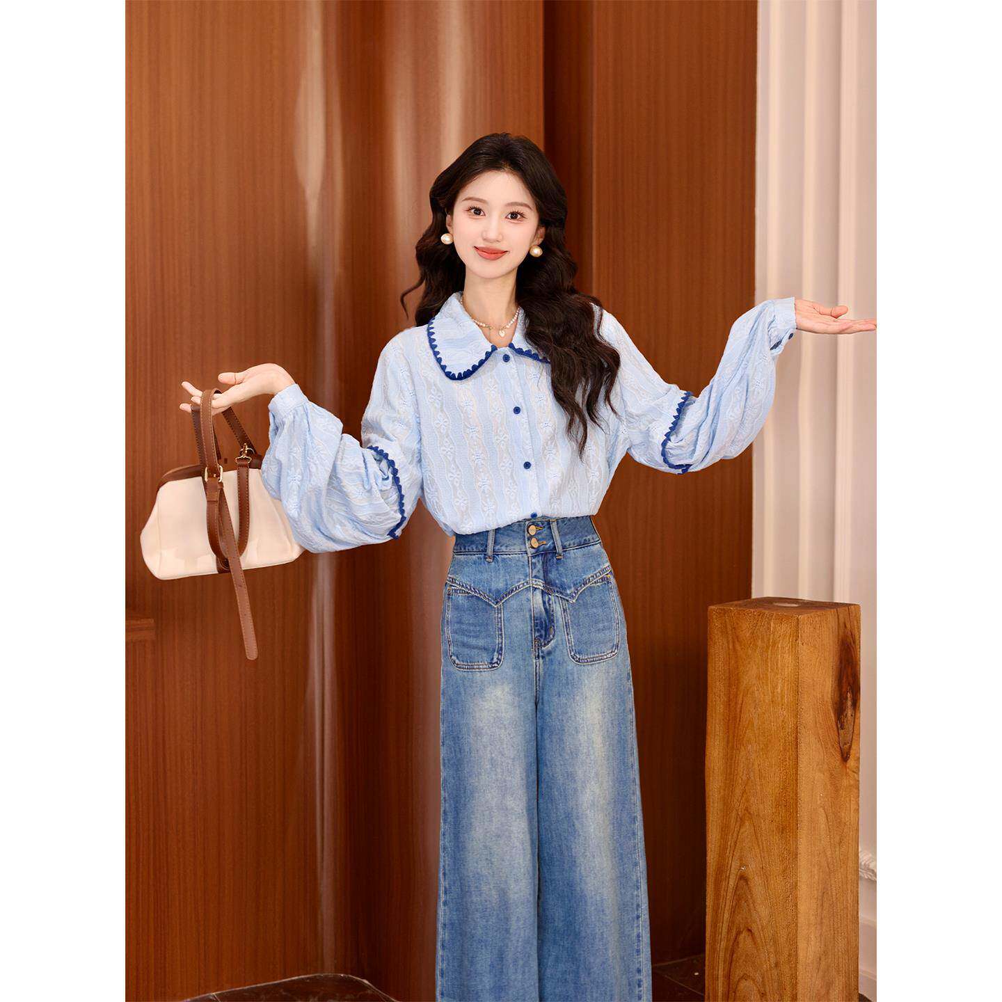 琦琦【蓝色诗篇】蓝色刺绣长袖衬衫女秋季新款提花设计感别致上衣